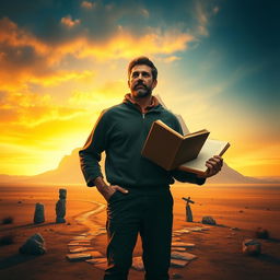 A symbolic realism style image depicting a man standing in a vast, arid landscape at dawn