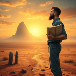 A symbolic realism style image depicting a man standing in a vast, arid landscape at dawn