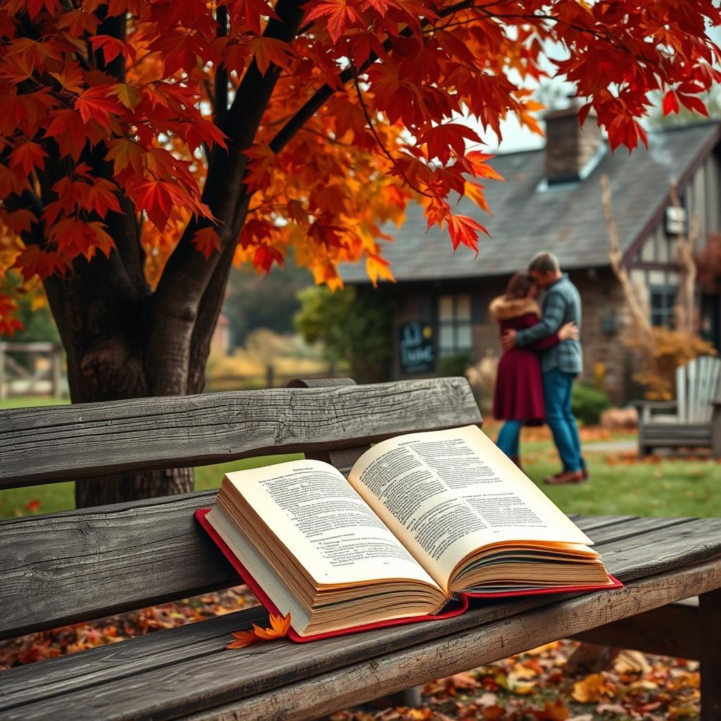 A romantic autumn book cover featuring a cozy countryside scene