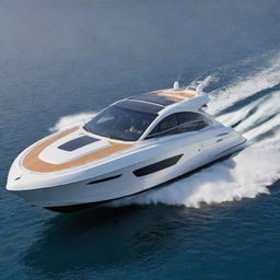 Visualize a high-speed luxury boat exhibiting the unique features and power of a Saleen supercar