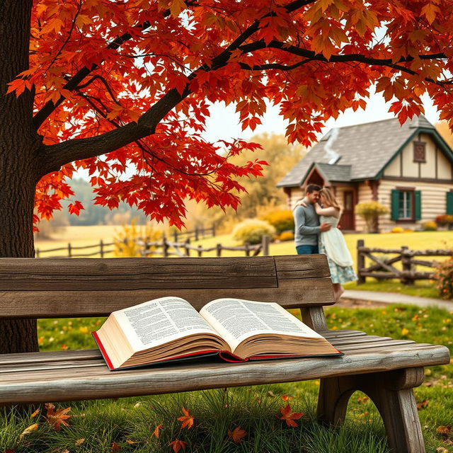 A romantic autumn book cover featuring a cozy countryside scene