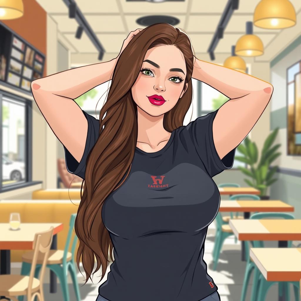 Illustrate a woman in a casual restaurant setting