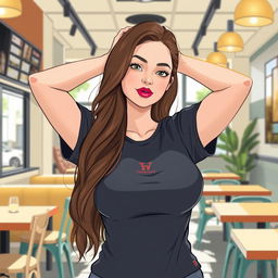 Illustrate a woman in a casual restaurant setting