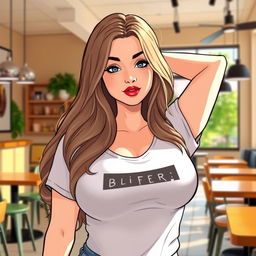 Illustrate a woman in a casual restaurant setting