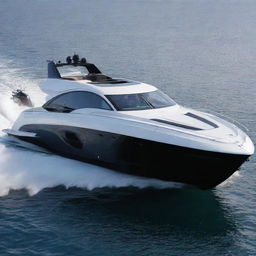 Visualize a high-speed luxury boat exhibiting the unique features and power of a Saleen supercar