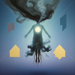 An abstract surrealist style image featuring an ethereal, undefined figure rising from a whirl of dark smoke attempting to pull it downward