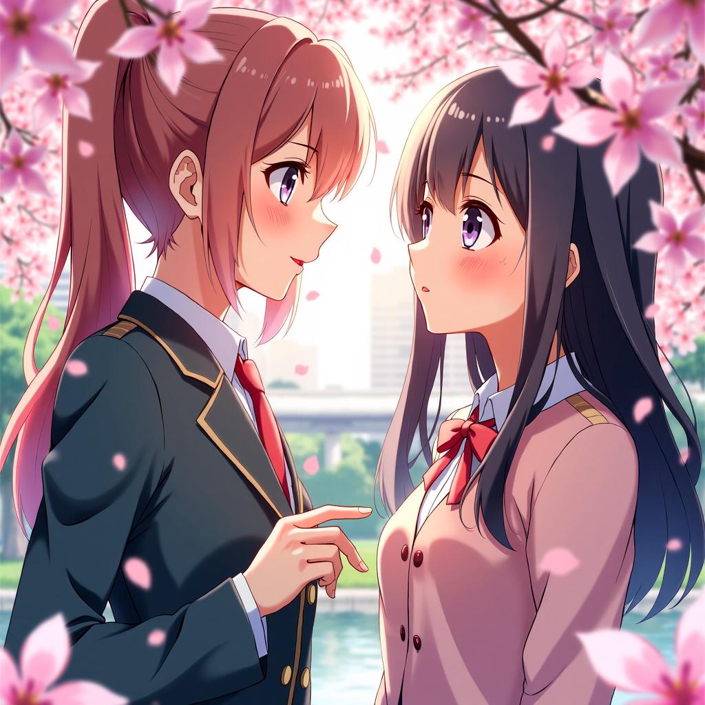 Beautiful anime poster titled "Romantic High," featuring high school students blushing under a cherry blossom tree