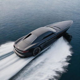 A high-speed luxury boat capturing the smooth lines, iconic logo, and powerful aesthetics of a Porsche supercar