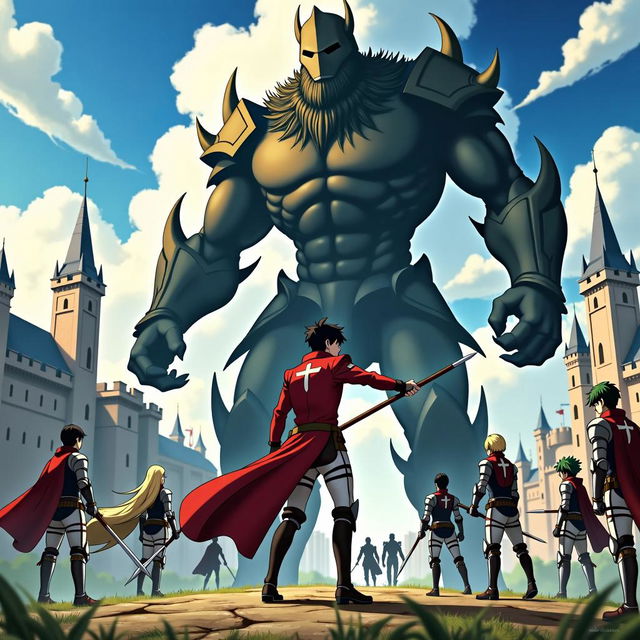 Beautiful anime poster titled "The Royal Quest," set in a fantasy world akin to *Attack on Titan*