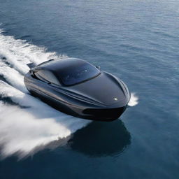 A high-speed luxury boat capturing the smooth lines, iconic logo, and powerful aesthetics of a Porsche supercar