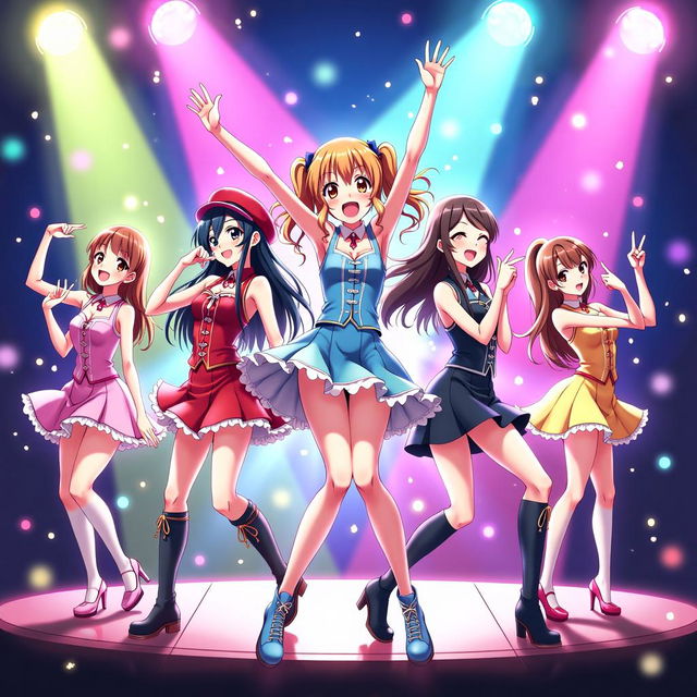 A bright and energetic anime poster titled "Idol Dreamers," in the lively style of *Love Live!*