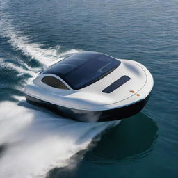 A high-speed luxury boat capturing the smooth lines, iconic logo, and powerful aesthetics of a Porsche supercar