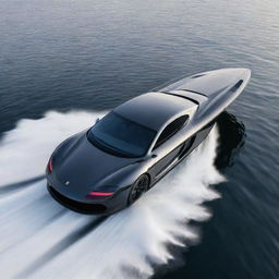 A high-speed luxury boat capturing the smooth lines, iconic logo, and powerful aesthetics of a Porsche supercar