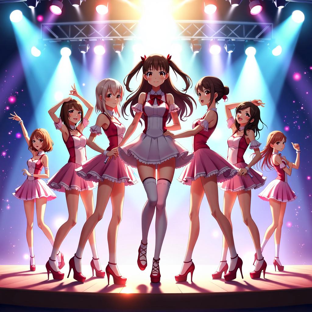 Bright, energetic anime poster titled "Idol Dreamers," in the style of Love Live! The poster showcases a lively pop idol group performing dynamically on stage