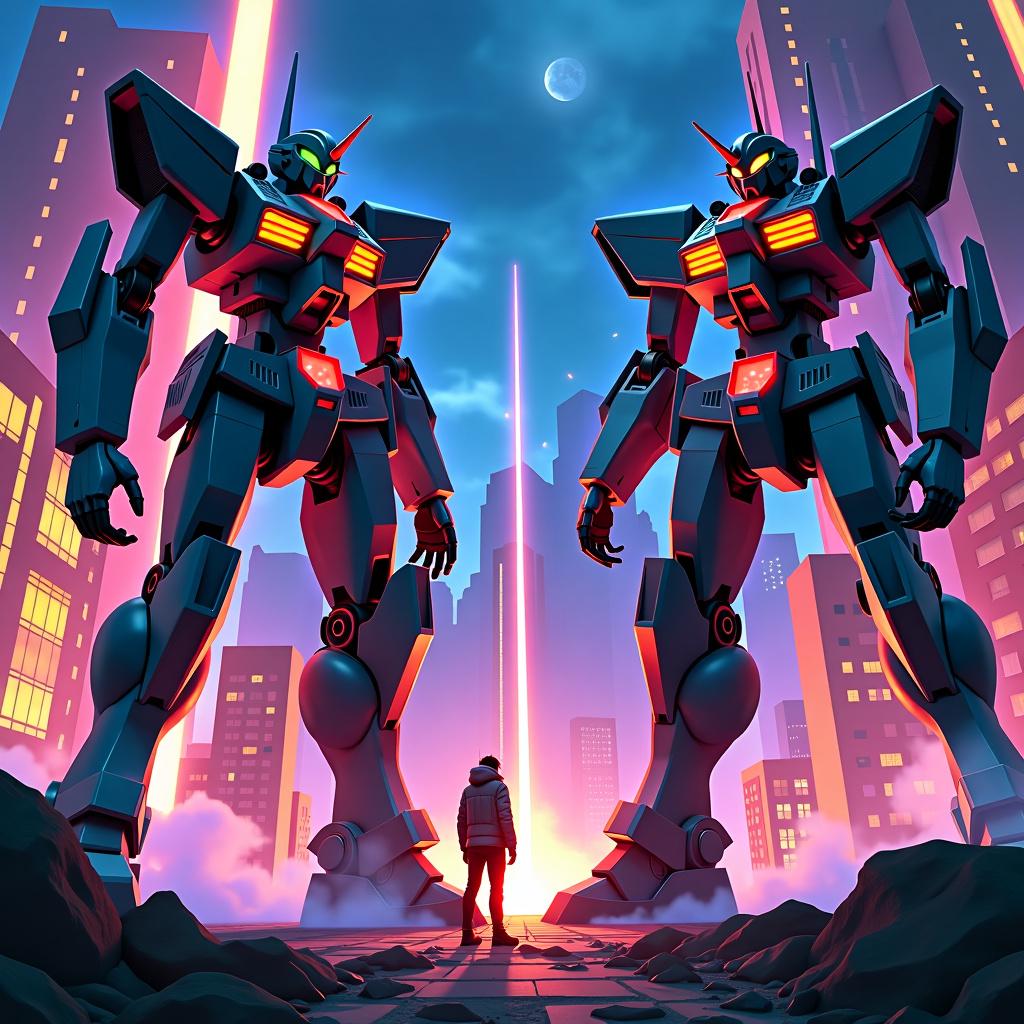 Mecha Strike poster styled like *Neon Genesis Evangelion*, featuring giant mechs engaged in a dramatic clash within a neon-lit cityscape