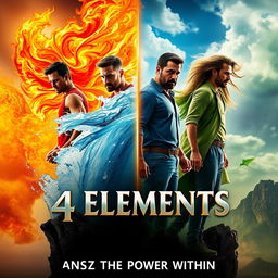 A movie poster for an epic film titled "4 Elements" featuring four men, each representing one of the elemental powers: Fire, Water, Air, and Earth