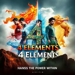 A movie poster for an epic film titled "4 Elements" featuring four men, each representing one of the elemental powers: Fire, Water, Air, and Earth