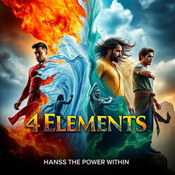 A movie poster for an epic film titled "4 Elements" featuring four men, each representing one of the elemental powers: Fire, Water, Air, and Earth