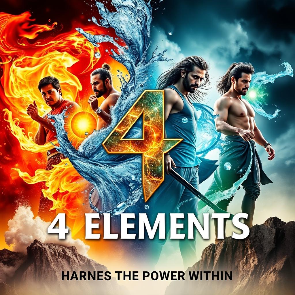 A movie poster for an epic film titled "4 Elements" featuring four men, each representing one of the elemental powers: Fire, Water, Air, and Earth