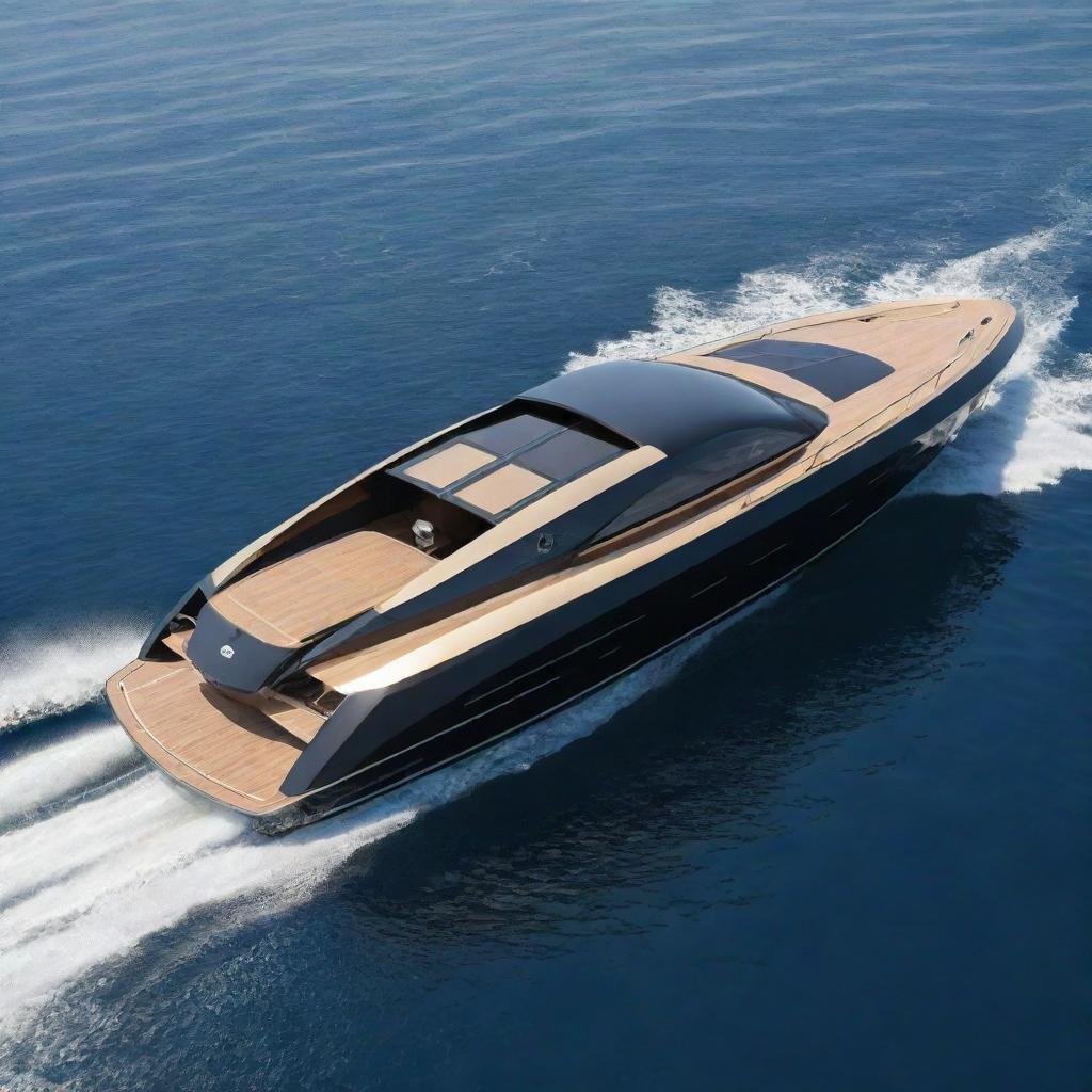 A luxurious speed boat design marrying the unique design features of a high-performance Bugatti supercar with the elegance and fluidity of a yacht