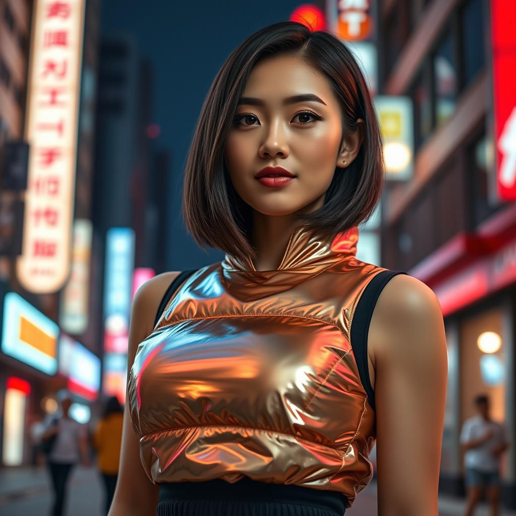 A stunning Asian girl showcasing a stylish shiny puffer corset, depicted in an urban setting