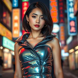 A stunning Asian girl showcasing a stylish shiny puffer corset, depicted in an urban setting