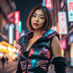 A stunning Asian girl showcasing a stylish shiny puffer corset, depicted in an urban setting