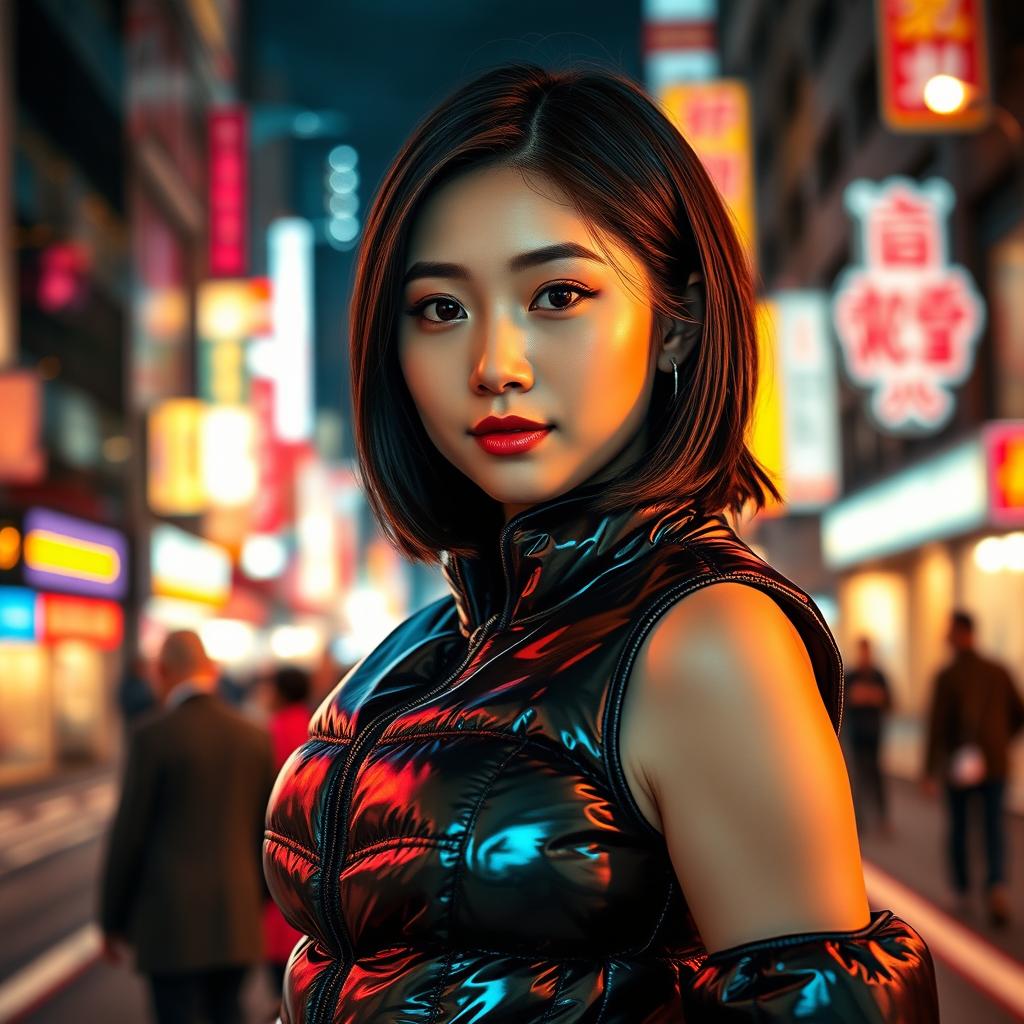 A stunning Asian girl showcasing a stylish shiny puffer corset, depicted in an urban setting