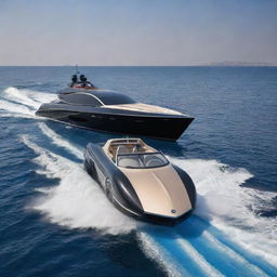 A luxurious speed boat design marrying the unique design features of a high-performance Bugatti supercar with the elegance and fluidity of a yacht