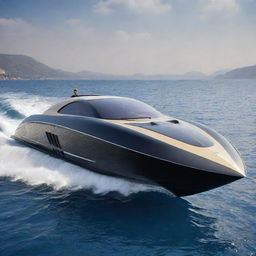 A luxurious speed boat design marrying the unique design features of a high-performance Bugatti supercar with the elegance and fluidity of a yacht