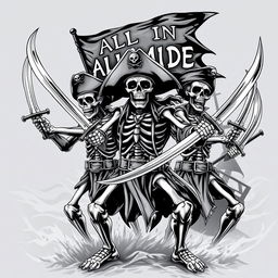 realistic and intimidating skeleton pirates in striking poses, each wielding a detailed pirate sword