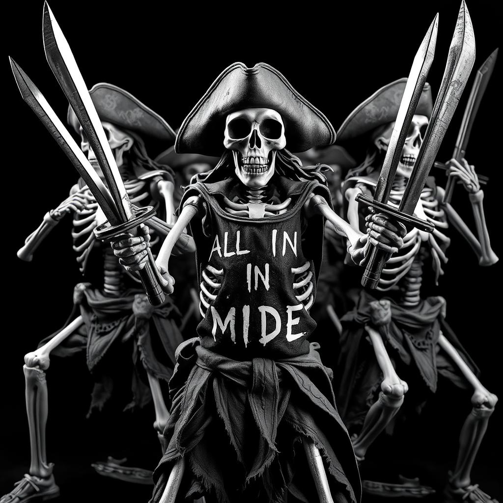 A group of realistic scary skeleton pirates striking dramatic poses, each brandishing menacing pirate swords