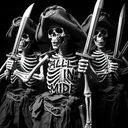 A group of realistic scary skeleton pirates striking dramatic poses, each brandishing menacing pirate swords