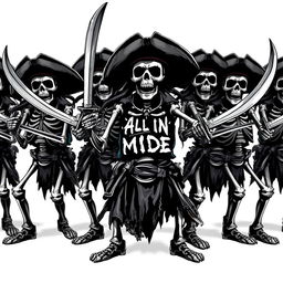 A group of realistic scary skeleton pirates striking dramatic poses, each brandishing menacing pirate swords