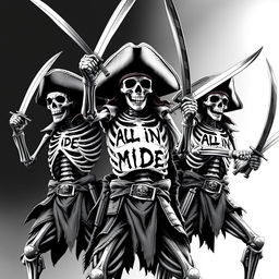 A group of realistic scary skeleton pirates striking dramatic poses, each brandishing menacing pirate swords