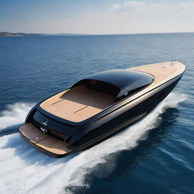 A luxurious speed boat design marrying the unique design features of a high-performance Bugatti supercar with the elegance and fluidity of a yacht