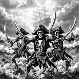 A group of realistic scary skeleton pirates striking dynamic poses with fearsome pirate swords