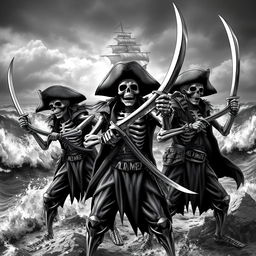 A group of realistic scary skeleton pirates striking dynamic poses with fearsome pirate swords