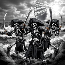 A group of realistic scary skeleton pirates striking dynamic poses with fearsome pirate swords