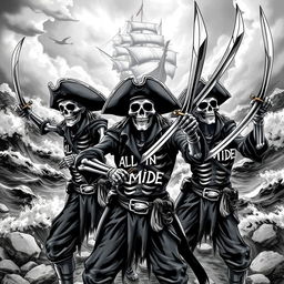 A group of realistic scary skeleton pirates striking dynamic poses with fearsome pirate swords