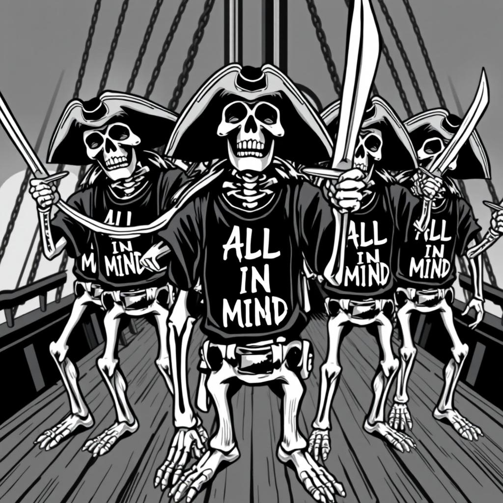 A group of realistic black and white skeleton pirates, each wielding a pirate sword