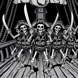 A group of realistic black and white skeleton pirates, each wielding a pirate sword