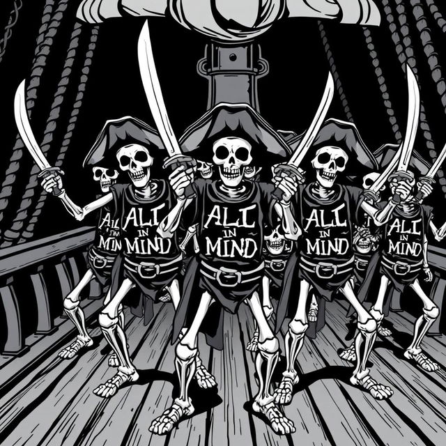 A group of realistic black and white skeleton pirates, each wielding a pirate sword