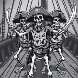 A group of realistic black and white skeleton pirates, each wielding a pirate sword