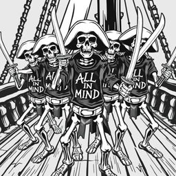 A group of realistic black and white skeleton pirates, each wielding a pirate sword