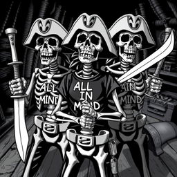 Realistic black and white illustration of skeleton pirates