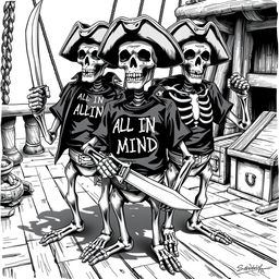 Realistic black and white illustration of skeleton pirates