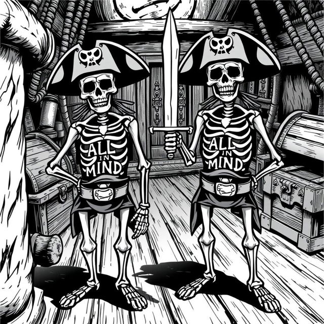 Realistic black and white illustration of skeleton pirates