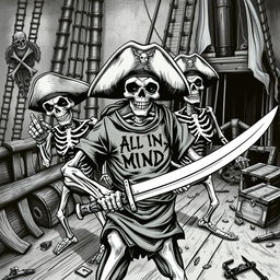 Realistic black and white illustration of scary skeleton pirates