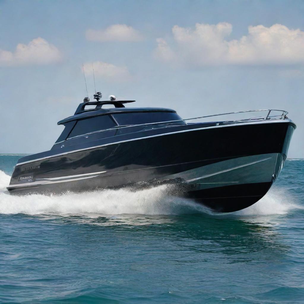 Visualize a robust and luxurious off-shore powerboat that incorporates the bold, muscular aesthetics of a Hummer vehicle